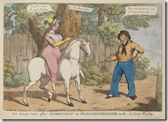 Englische Karikatur einer rittlings satt im Damensattel Reitenden (ca. 1800)